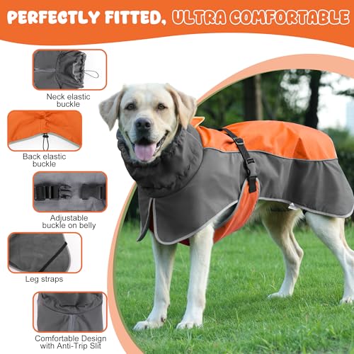 Dog Raincoat, Waterproof Dog Coat with Polar Fleece Lining - color: Orange, size: Large