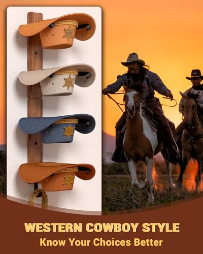 Midukit Cowboy Hat Rack for Wall, Cowboy Hat Holder for 4 with Hooks,Wooden Rustic Metal Hanger for Wall with Pine Board,Western Baseball Hat Rack Holder for Fedora, Sun Hats (4 Hats)