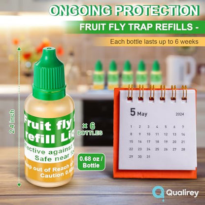 Qualirey 6 Pack Fruit Fly Trap Refill Liquid, 0.68oz Per Bottle (Green) | Liquid Fruit Fly Traps for Indoors, Non Toxic Bait Safe Near Pets, Food and Kids, Lure Refill for Home Kitchen - color: Green