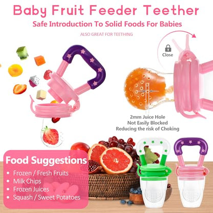 Baby Fruit Feeder Pacifier - 5 Pack | 2 Mesh Infant Food Feeder Pacifier & 1 Baby Food Dispensing Spoon | Fresh Fruit Teethers for Babies |Shower Gifts for Boys and Girls (Pink & Green) - color: 06-Pink