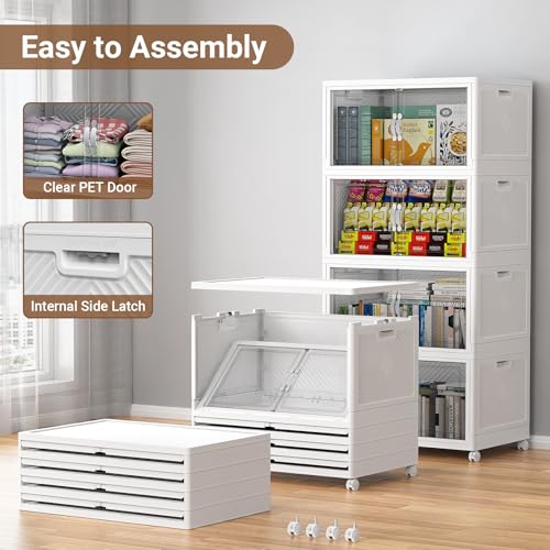 BROVIEW 400QT Large Stackable Storage Bins with Clear Doors, V20 4Pack | 100Gal Plastic Closet Organizer Cabinet with Lid and Wheels, Collapsible Latch Box Folding Drawer for Home, White - size: 100QT-4Pack