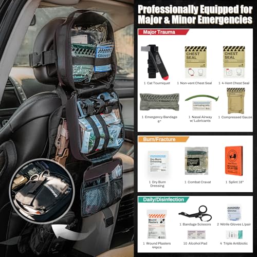RHINO RESCUE Vehicle IFAK Trauma Kit with CAT Tourniquet Black - color: Black, size: Car Headrest Pack