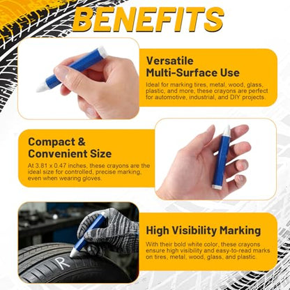 10 Pack White Tire Marking Crayons, Industrial Wax Crayon Sticks For Marking on Rubber,Leather, Fabric, Wood, Metal, Roofing Felt and Concrete – Wet & Dry Surface Compatible (3.94 x 0.57 Inches)