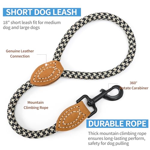 Mile High Life Dog Leash with Genuine Leather-Wrapped Ends, 4/5/6FT - color: Black Khaki, size: 18 Inch-1/2"