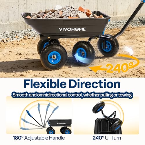 VIVOHOME 660lbs Wheelbarrow Dump Garden Cart with 2-in-1 Convertible Handle | Attach to ATV or Tractor, 10" All Terrain Wheels, Heavy Duty Utility Trailer for Yard - color: Blue