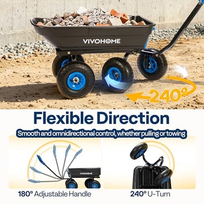 VIVOHOME 660lbs Wheelbarrow Dump Garden Cart with 2-in-1 Convertible Handle | Attach to ATV or Tractor, 10" All Terrain Wheels, Heavy Duty Utility Trailer for Yard - color: Blue