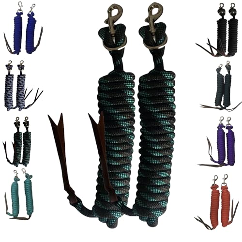 Majestic Ally 14' Pack of 2 Poly Training Lead Rope with Leather Popper for Horses & Livestock – 14 Foot Long and 5/8 inch Thick - Replaceable Heavy-Duty Bolt Snap (Turquoise-Gray-Black) - color: Turquoise-Gray-Black