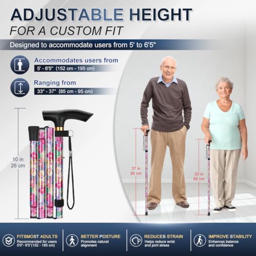 supregear Folding Cane, 5-Level Adjustable Height Walking Stick Lightweight Collapsible Portable Travel Cane with Wrist Strap and T Handle for Elderly Disabled Men Women - color: Pink Floral
