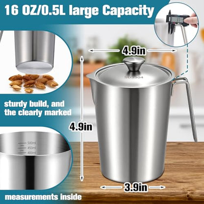 2 Pcs 16 oz Stainless Steel Pitcher with Lid(2 Cup, 500 ML) - size: 16 oz(2 Cup, 500 ML)