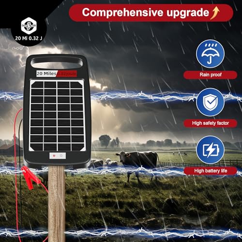 20 Miles Solar Powered Electric Fence Charger, 0.32J for Gardens, Livestock | Solar/AC Dual Power, 24/7 Protection Energizer, Portable Solar Panel,10.2kV Output, Rainproof, Easy Setup, Safe for Livestock - size: 20M 0.32J