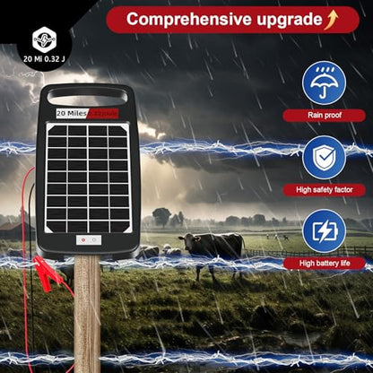 20 Miles Solar Powered Electric Fence Charger, 0.32J for Gardens, Livestock | Solar/AC Dual Power, 24/7 Protection Energizer, Portable Solar Panel,10.2kV Output, Rainproof, Easy Setup, Safe for Livestock - size: 20M 0.32J