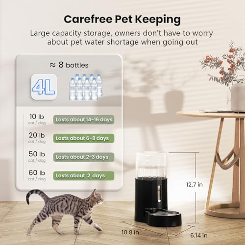 CZPET Automatic 4L Filter Dog and Cat Water Dispenser with Stainless Steel Bowl Gravity Waterer,Large Capacity and Drinking Area Noise-Free for Pets (Black) | With Stainless Steel Bowl Gravity Waterer, Large Capacity and Drinking Area Noise-Free for Pets