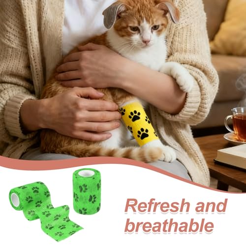 Pet Wrap Bandages, 3 Inch 5 Yard Self Adhesive Bandage Wrap, Pet Non-Woven Tape First Aid Cohesive Gauze, (Emerald Green/Paw, 2 Pcs), Intended for Dog/Cat/Bird/Legs/Paws/Wound - color: Emerald Green, size: 3 inch
