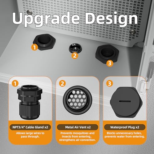 Joinfworld 14X10X6 Waterproof Junction Box Plastic Outdoor Weatherproof Box Nema 4 Enclosure Outdoor Electrical Control Box Weather Proof for WiFi Router Timer Marine | Weatherproof ABS box: insulation, vented, DIN rail, grid plate, 2 NPT3/4" glands, wall