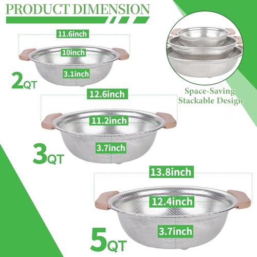 Colander Set with Plastic Handles, Stainless Steel Micro-Perforated Colanders Strainers for Draining Rinsing Washing, Ideal for Pasta Vegetables Fruits, Heavy Duty & Dishwasher Safe - color: Khaki
