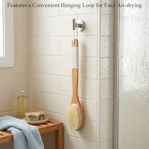 MtBoi Dual-Sided Back Scrubber - Long Bamboo Handle Shower Brush with Anti-Slip Grip, Stiff Natural Boar Bristles for Deep Exfoliation & Soft Nylon Bristles for Gentle Care, Wet/Dry Brushing
