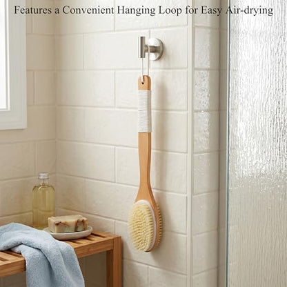 MtBoi Dual-Sided Back Scrubber - Long Bamboo Handle Shower Brush with Anti-Slip Grip, Stiff Natural Boar Bristles for Deep Exfoliation & Soft Nylon Bristles for Gentle Care, Wet/Dry Brushing