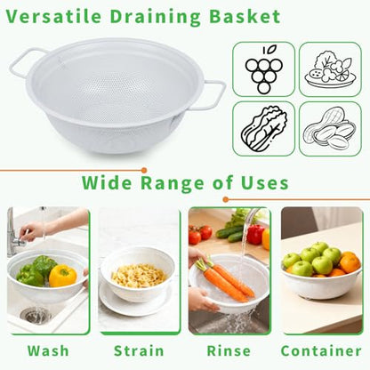 White Stainless Steel Colander Set of 3, 2, 3 & 5 Quart Metal Kitchen Strainers with Handles and Non-Slip Feet, Pasta Drainer for Rinsing Rice, Fruits and Vegetables, Dishwasher Safe - color: White