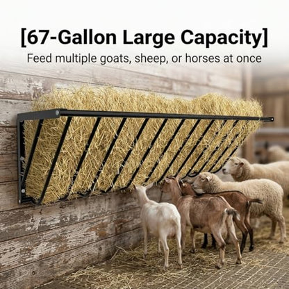 Carbon Steel Goat Hay Feeder, Wall Mounted Livestock Rack, 67 Gallon Dual-Use Rack for Feed, Blankets, Clothes, 63"