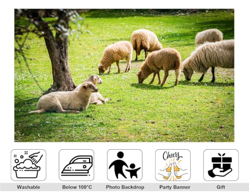 8x6ft Fabric Grazing Wool Sheep Backdrop Flock Resting Under Tree Fresh Green Grass Sunny Pasture Farm Background Tapestry Country Animal Decorations Photo Booth Props - size: 8x6ft