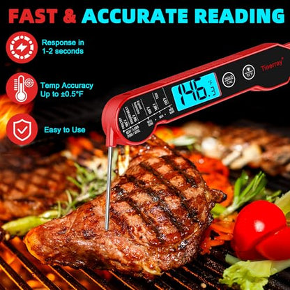 Professional Digital Meat Thermometer Instant Read Waterproof – Folding Probe Food Thermometer with Backlight & Calibration, Fast Read for BBQ, Grill, Deep Fry, Cooking, Liquids, Gift for Chef - color: Red