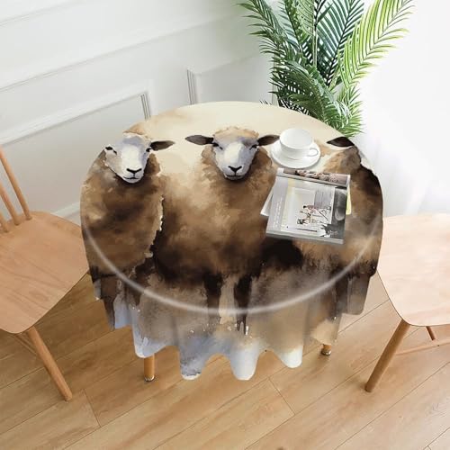 Watercolor Sheep Round Tablecloth 60 Inch Wrinkle-Free | Spill Proof Table Cover with Scalloped Edge, Washable Polyester Table Cloth for Dining Room, Kitchen, Picnic, Party, Wedding