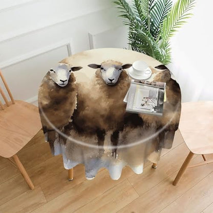 Watercolor Sheep Round Tablecloth 60 Inch Wrinkle-Free | Spill Proof Table Cover with Scalloped Edge, Washable Polyester Table Cloth for Dining Room, Kitchen, Picnic, Party, Wedding