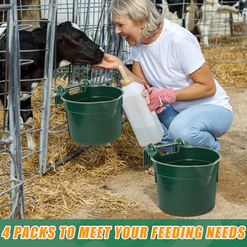 Reallnaive 4 Pcs 8.5 Quart Hook Over Horse Feed Bucket, Hanging Plastic Livestock Animals Feed Bucket for Stall, Mountable Round Horse Goats Feeder for Feeding and Watering Supplies