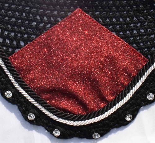 Red Glitter Saddle Pad Set Matching Ear Bonnet | Equestrian Show Gear | Horse Riding Matchy Set | Dressage or Jumping/Hunter - size: Horse/Full