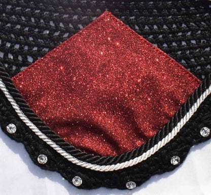 Red Glitter Saddle Pad Set Matching Ear Bonnet | Equestrian Show Gear | Horse Riding Matchy Set | Dressage or Jumping/Hunter - size: Pony