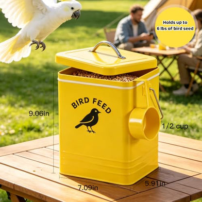 Bird Seed Storage Container, Airtight Metal Bird Food Canister Holds 5-6 LBS Wild Bird Feed, Metal Bird Feed Tin with Wooden Handle & Measuring Scoop, Dry Pet Snack & Grain Storage Bin - color: Yellow