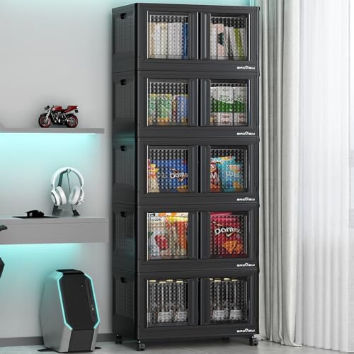 BROVIEW 500Qt Stackable Storage Bins with Lids, 125Gal Closet Organizers and Storage Drawer, Plastic Collapsible Storage Bins with Doors, Heavy Duty Store Box Cabinet for Home Kitchen, 5Pack Black - color: Black, size: 125 GAL