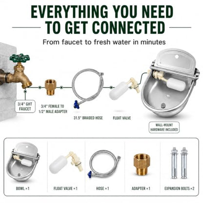 Dog Water Bowl Dispenser, Automatic Pet Water Dispenser, 3L Outdoor Stainless Steel Drinking Trough, Livestock Waterer with Float Valve and Drain Hole for Horses, Goats and Cattle