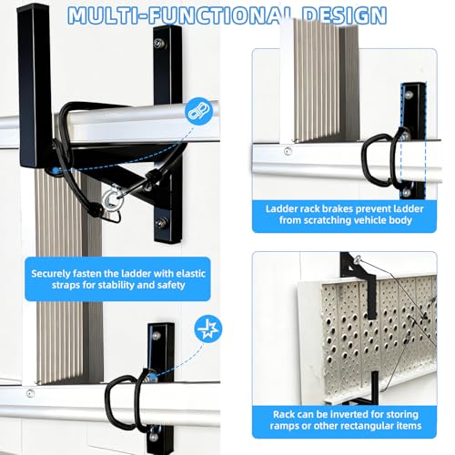 Cargo Trailer Ladder Rack-200lb Load-Carry 1-2 Ladders-Adjustable Aluminum Side Mount RV Ladder Rack-Rubber Pads/Bungee Cords/Hooks for Open/Enclosed Trailer/Garage/Shed Exterior/Interior Wall