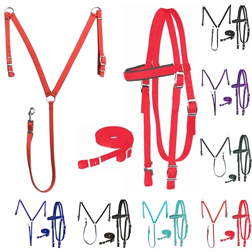 Majestic Ally Nylon Padded Equestrian Browband Headstall, Reins & BreastCollar Set for Horse- Full - color: Red