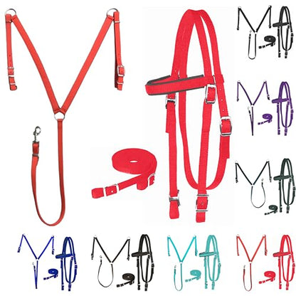 Majestic Ally Nylon Padded Equestrian Browband Headstall, Reins & BreastCollar Set for Horse- Full - color: Red