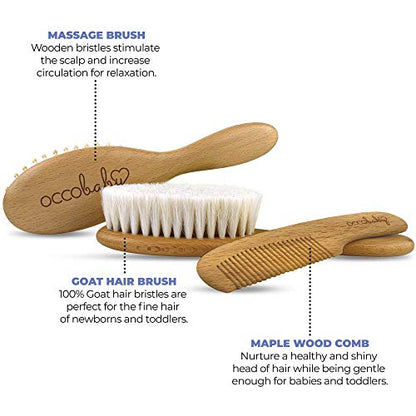 OCCObaby Wooden Baby Hair brush Set for Newborns & Toddlers - Soft Hair Brush for Baby Grooming - Baby Scalp Brush and baby comb for Cradle Cap - Toddler Comb
