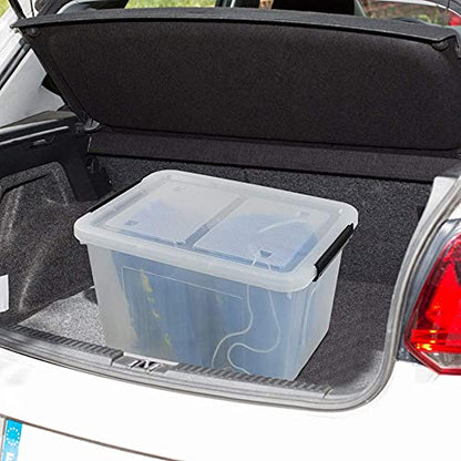 35 Quart Plastic Wheeled Storage Bin, 4 Pack Latching Storage Box | Clear Material, Stackable - size: 35 Quart