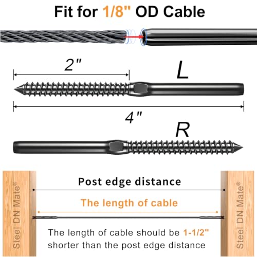 DN Mate Black Cable Railing Kit Swage Lag Screws 100Pack for 1/8" Cable | Cable Railing Hardware for Wood Post, Deck/Stair, Left&Right Handed Thread T316 Stainless Steel Marine Grade DM45 with Wrench - color: Black