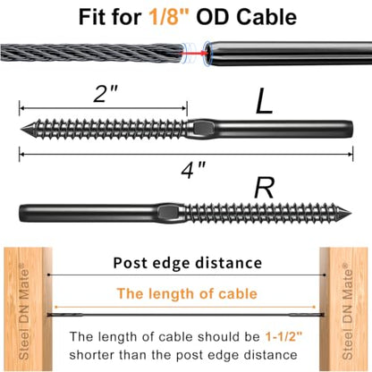 DN Mate Black Cable Railing Kit Swage Lag Screws 100Pack for 1/8" Cable | Cable Railing Hardware for Wood Post, Deck/Stair, Left&Right Handed Thread T316 Stainless Steel Marine Grade DM45 with Wrench - color: Black