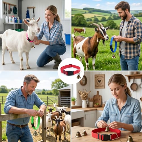 4Pcs Goat Collars with Bells, Nylon Animal Collars in Red Green Blue Pink Colors, Adjustable Farm Collar for Grazing Management and Animal Tracking, Durable Livestock Accessories for Small Farms