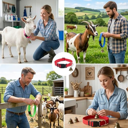 4Pcs Goat Collars with Bells, Nylon Animal Collars in Red Green Blue Pink Colors, Adjustable Farm Collar for Grazing Management and Animal Tracking, Durable Livestock Accessories for Small Farms