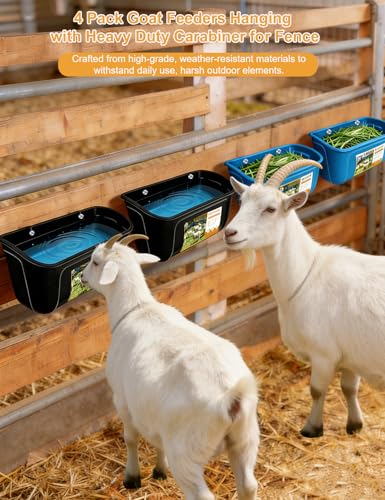 4 Pack Goat Feeders Hanging with Heavy Duty Carabiner for Fence,Large Capacity Sheep Feeder,No Mess Goat Water Trough, Easy to Install, Holds a Lot of Food