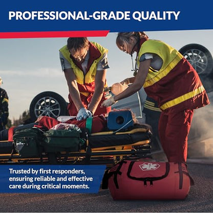 Fully Stocked Trauma First Aid Kit – First Responder II Bag with Tools, Gauze, Bandages, Scissors & Gloves – Compact & Portable – OSHA and ANSI Compliant – Red - color: Red