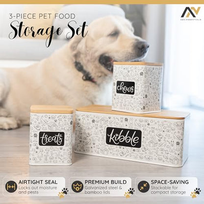 A&N Essentials 3-Piece Pet Food Storage Container Set – Airtight Galvanized Steel with Bamboo Lids – Holds Up to 6 lbs Kibble & 6 Cups Treats for Dogs & Cats