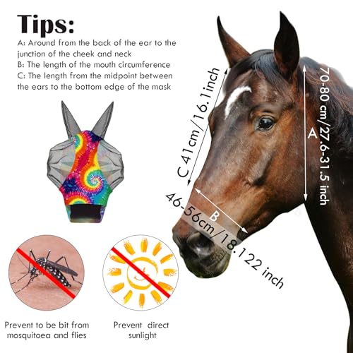 Weewooday 2 Pieces Horse Fly Masks for Horses Soft Fly Masks for Ears Smooth and Elasticity Mask with UV Protection(Tie-dye Pattern,M) - size: M