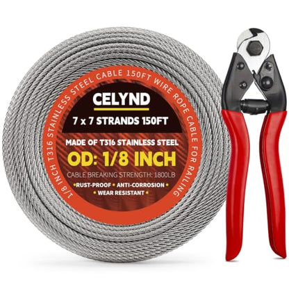 Stainless Steel Cable for Railing - 150FT 1/8" T316 Wire Rope Cable - size: 150FT