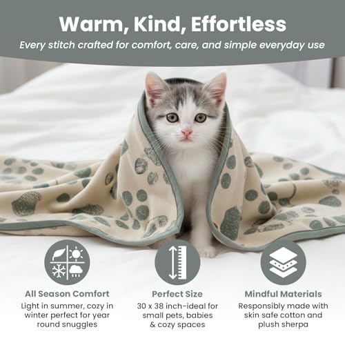 Baby & Pet Blanket 100% Cotton with Sherpa Fleece – Soft Stroller & Cuddle Blanket for Baby, Dog & Cat – Breathable, Hypoallergenic, Washable – 76×96 cm All-Season Blanket Reed Green Beige - color: Green