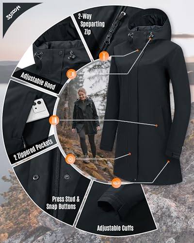 33,000ft Women's Waterproof Rain Jackets Long Rain Coats with Hood - color: Black, size: X-Large
