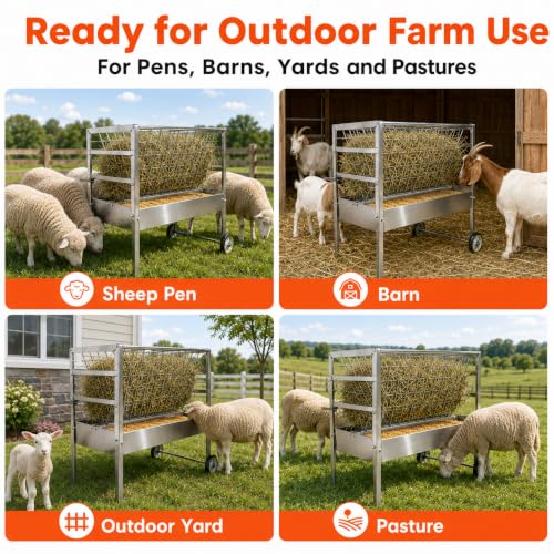 Hay and Grain Feeder, Freestanding Farm Feeder for Goats & Sheep
